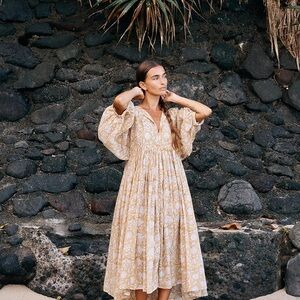 Daughters of India Cream and Yellow Floral Maxi Dress with Puff Sleeves